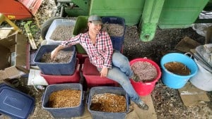 Totes of dry beans make excellent barn lounge furniture.